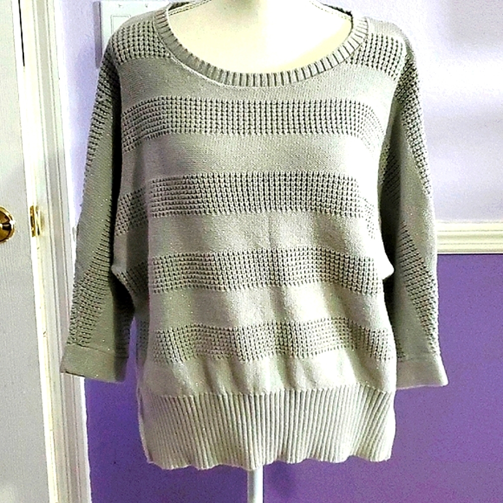 Liz Claiborne Gray Striped Sparkly Dolman Sleeve Slouchy Oversized Sweater L